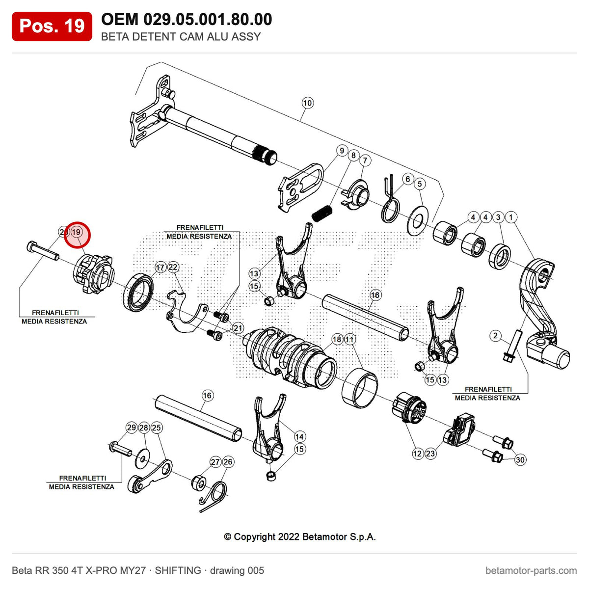 BETA DETENT CAM ALU ASSY – OEM 029.05.001.80.00, position 19 on the Beta RR 350 4T X-PRO MY27 shifting drawing