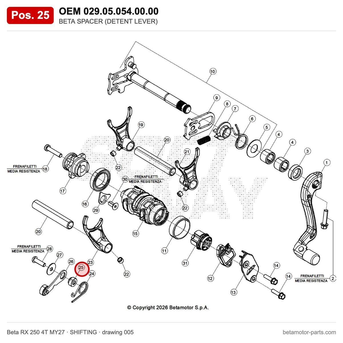 BETA SPACER (DETENT LEVER) – OEM 029.05.054.00.00, position 25 on the Beta RX 250 4T MY27 shifting drawing