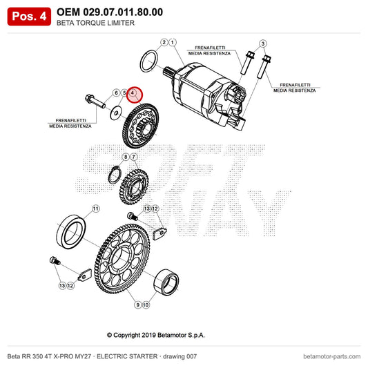 BETA TORQUE LIMITER – OEM 029.07.011.80.00, position 4 on the Beta RR 350 4T X-PRO MY27 elettricstarter drawing
