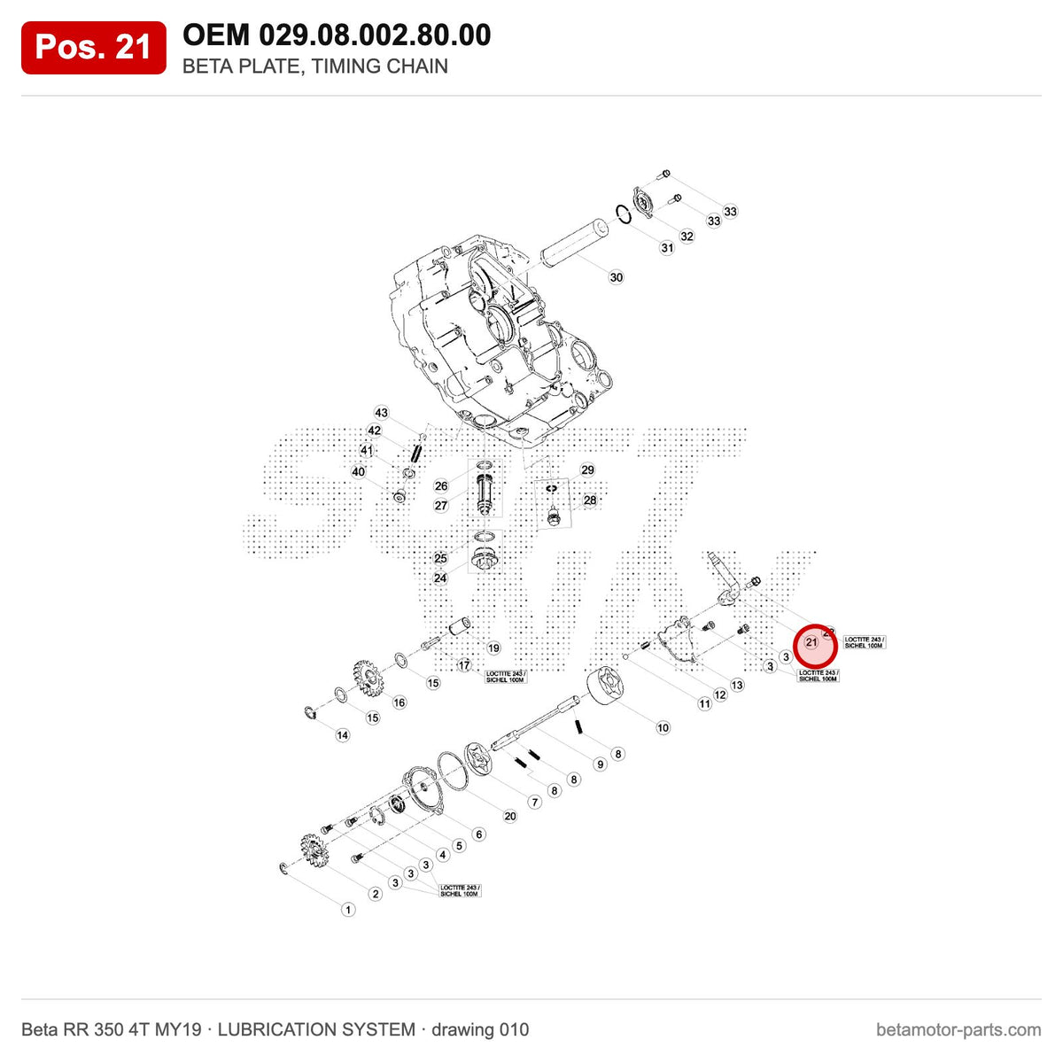 BETA PLATE, TIMING CHAIN – OEM 029.08.002.80.00, position 21 on the Beta RR 350 4T MY19 lubrication system drawing