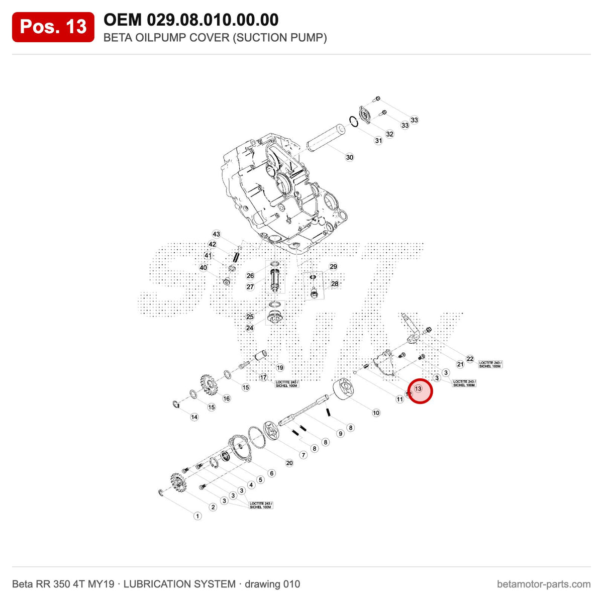 BETA OILPUMP COVER (SUCTION PUMP) – OEM 029.08.010.00.00, position 13 on the Beta RR 350 4T MY19 lubrication system drawing