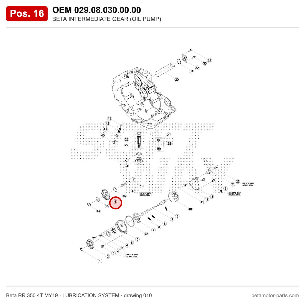 BETA INTERMEDIATE GEAR (OIL PUMP) – OEM 029.08.030.00.00, position 16 on the Beta RR 350 4T MY19 lubrication system drawing