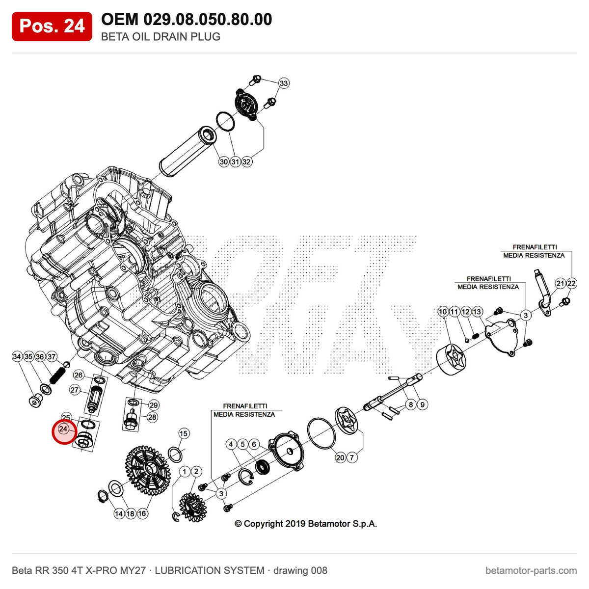 BETA OIL DRAIN PLUG – OEM 029.08.050.80.00, position 24 on the Beta RR 350 4T X-PRO MY27 lubrication system drawing