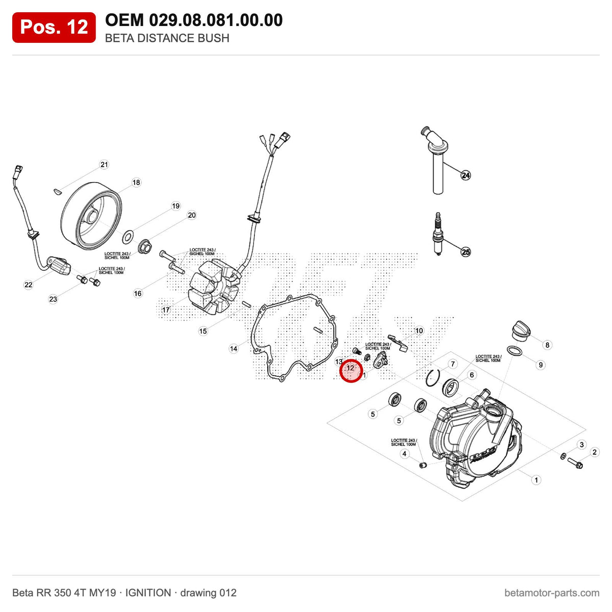 BETA DISTANCE BUSH – OEM 029.08.081.00.00, position 12 on the Beta RR 350 4T MY19 ignition drawing