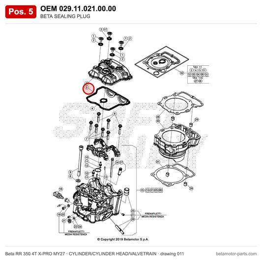 BETA SEALING PLUG – OEM 029.11.021.00.00, position 5 on the Beta RR 350 4T X-PRO MY27 cylinder/cylinder head/valvetrain drawing