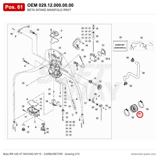BETA INTAKE MAINFOLD RR4T – OEM 029.12.000.00.00, position 61 on the Beta RR 430 4T RACING MY15 carburetor drawing