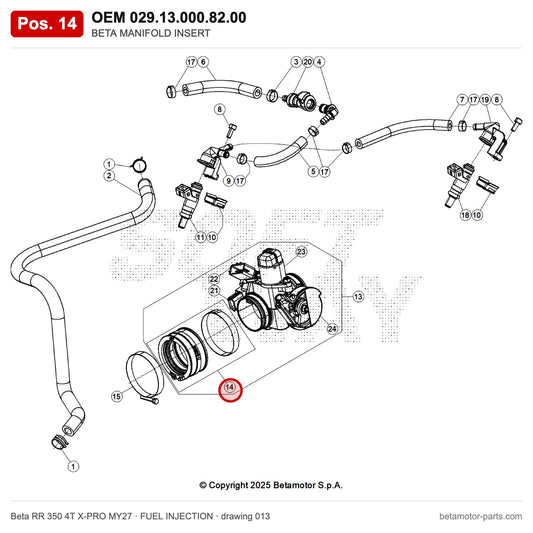 BETA MANIFOLD INSERT – OEM 029.13.000.82.00, position 14 on the Beta RR 350 4T X-PRO MY27 fuel injection drawing