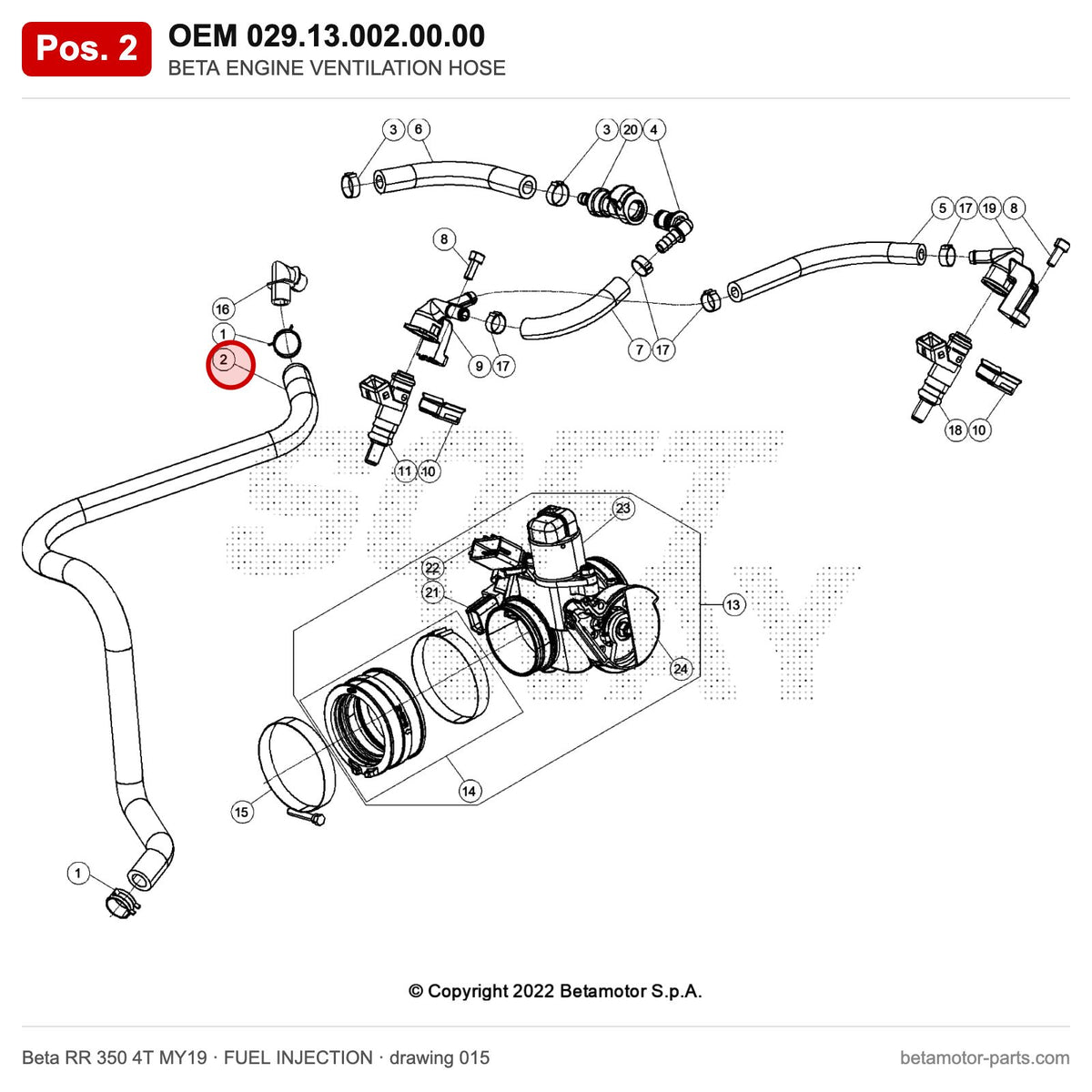 BETA ENGINE VENTILATION HOSE – OEM 029.13.002.00.00, position 2 on the Beta RR 350 4T MY19 fuel injection drawing