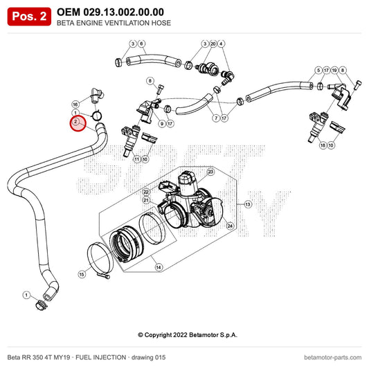 BETA ENGINE VENTILATION HOSE – OEM 029.13.002.00.00, position 2 on the Beta RR 350 4T MY19 fuel injection drawing