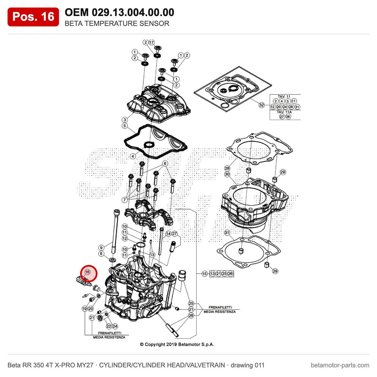 BETA TEMPERATURE SENSOR – OEM 029.13.004.00.00, position 16 on the Beta RR 350 4T X-PRO MY27 cylinder/cylinder head/valvetrain drawing
