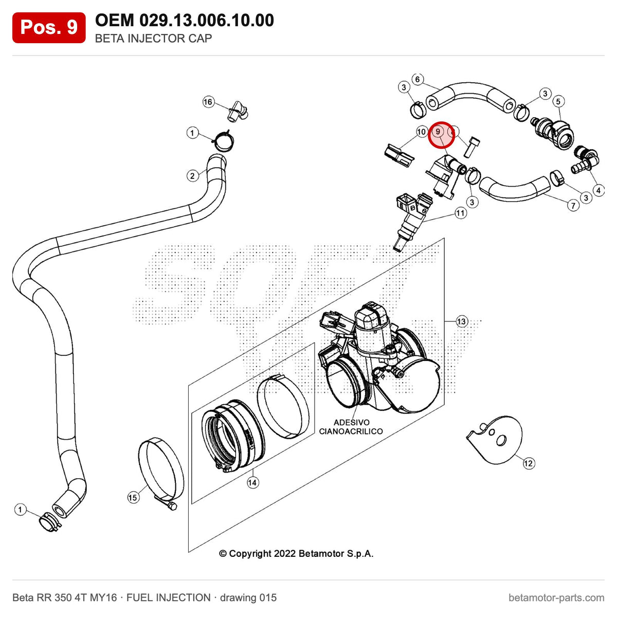 BETA INJECTOR CAP – OEM 029.13.006.10.00, position 9 on the Beta RR 350 4T MY16 fuel injection drawing
