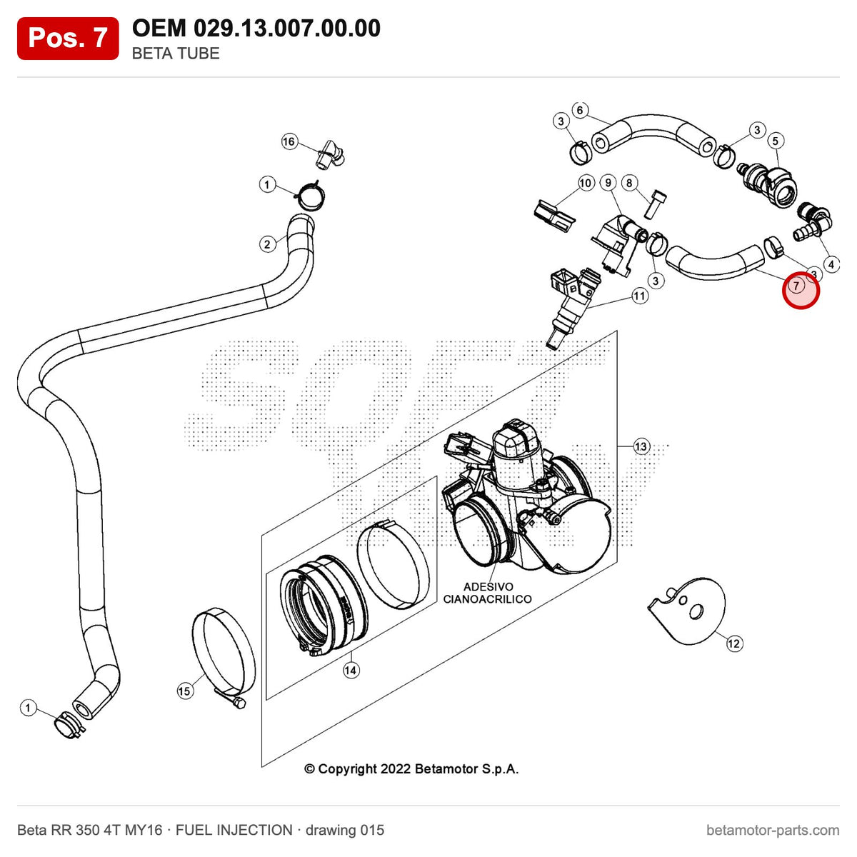 BETA TUBE – OEM 029.13.007.00.00, position 7 on the Beta RR 350 4T MY16 fuel injection drawing