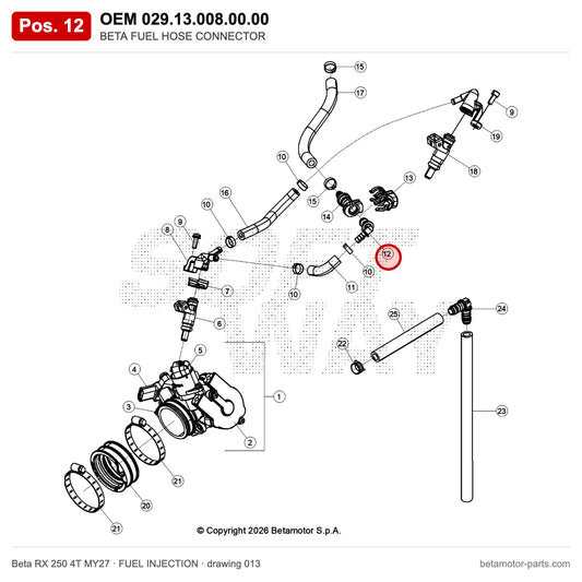 BETA FUEL HOSE CONNECTOR – OEM 029.13.008.00.00, position 12 on the Beta RX 250 4T MY27 fuel injection drawing