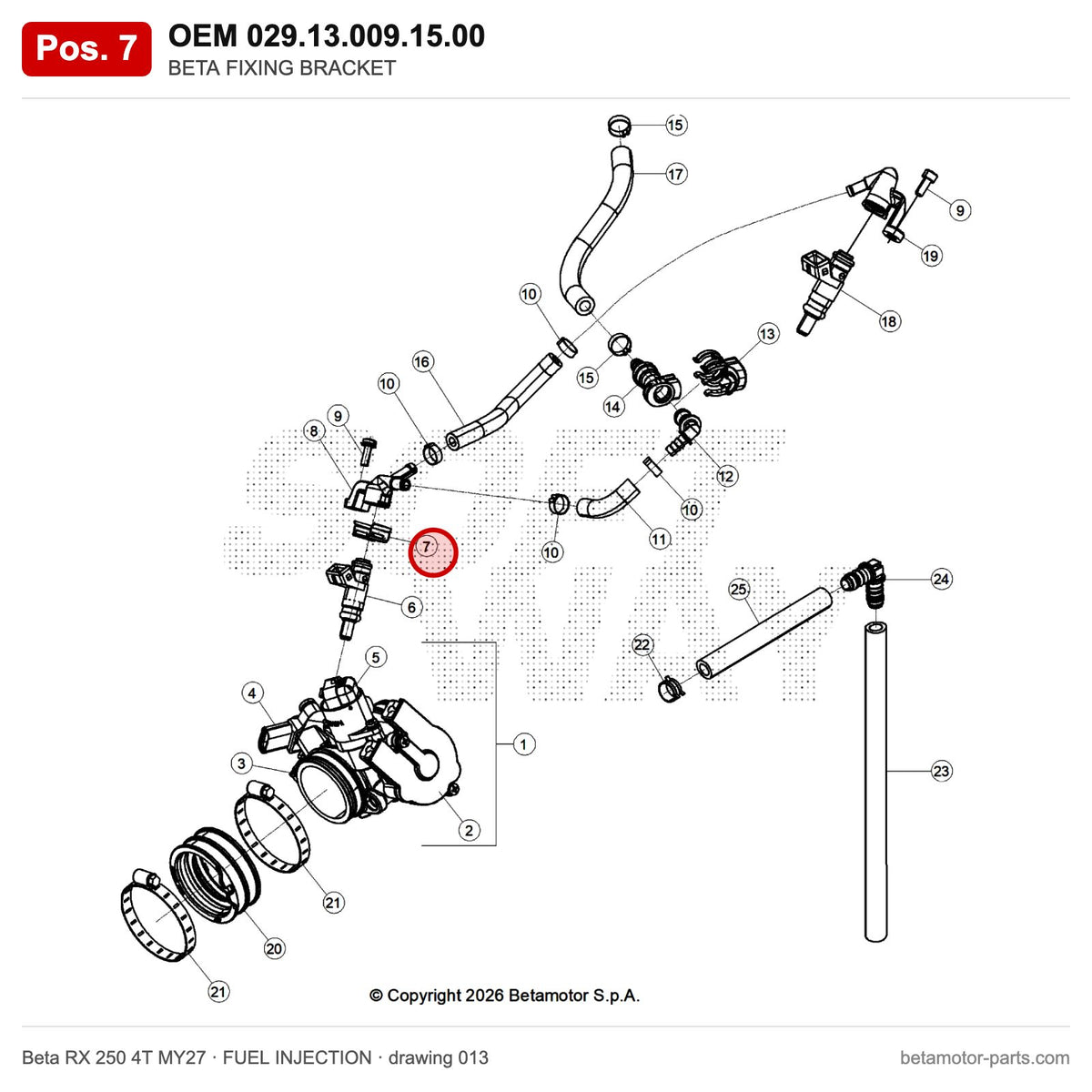 BETA FIXING BRACKET – OEM 029.13.009.15.00, position 7 on the Beta RX 250 4T MY27 fuel injection drawing