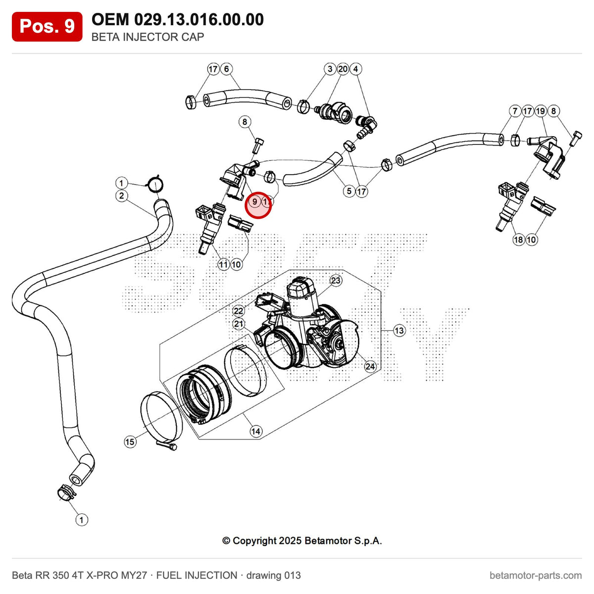 BETA INJECTOR CAP – OEM 029.13.016.00.00, position 9 on the Beta RR 350 4T X-PRO MY27 fuel injection drawing