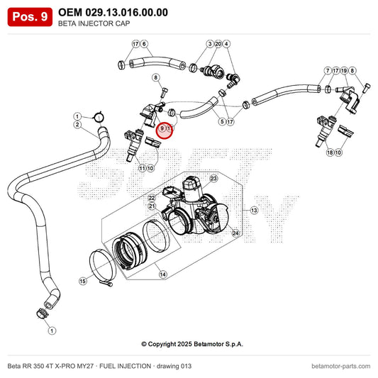 BETA INJECTOR CAP – OEM 029.13.016.00.00, position 9 on the Beta RR 350 4T X-PRO MY27 fuel injection drawing