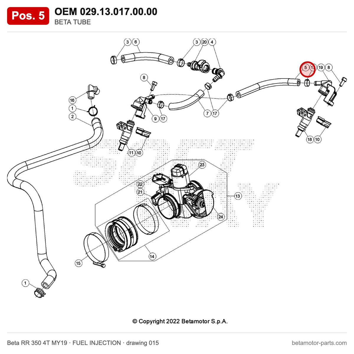 BETA TUBE – OEM 029.13.017.00.00, position 5 on the Beta RR 350 4T MY19 fuel injection drawing