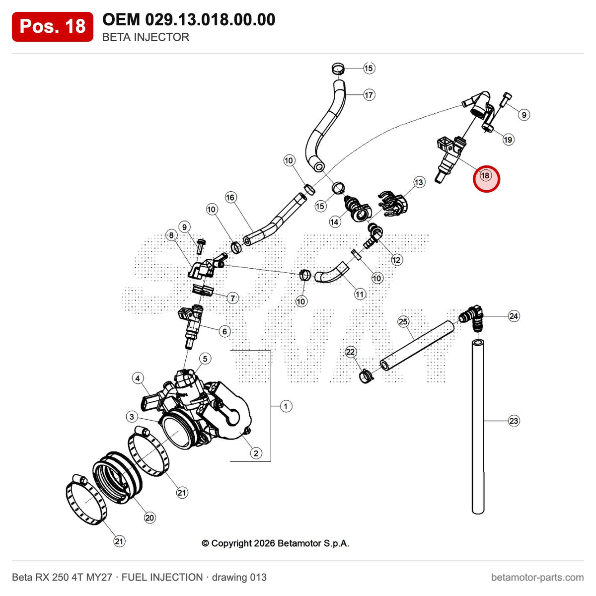 BETA INJECTOR – OEM 029.13.018.00.00, position 18 on the Beta RX 250 4T MY27 fuel injection drawing