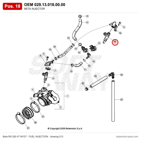 BETA INJECTOR – OEM 029.13.018.00.00, position 18 on the Beta RX 250 4T MY27 fuel injection drawing