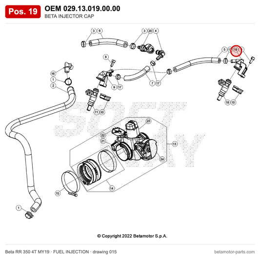 BETA INJECTOR CAP – OEM 029.13.019.00.00, position 19 on the Beta RR 350 4T MY19 fuel injection drawing