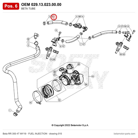 BETA TUBE – OEM 029.13.023.00.00, position 6 on the Beta RR 350 4T MY19 fuel injection drawing