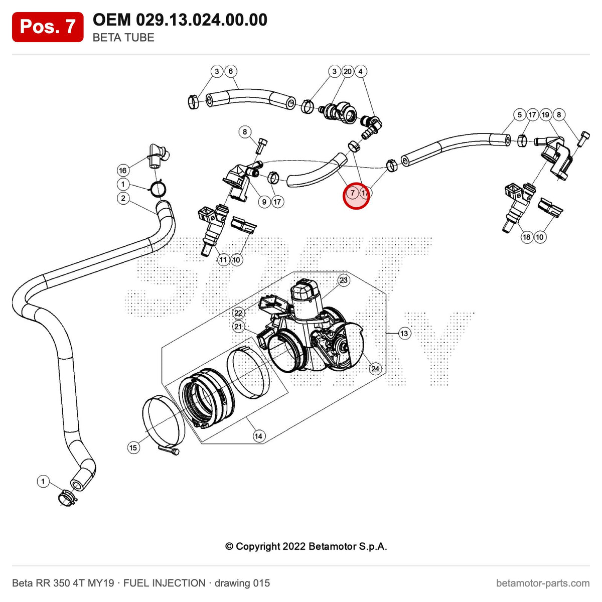 BETA TUBE – OEM 029.13.024.00.00, position 7 on the Beta RR 350 4T MY19 fuel injection drawing