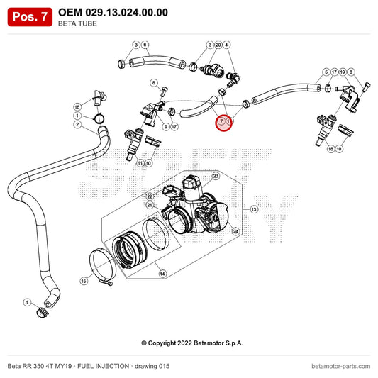 BETA TUBE – OEM 029.13.024.00.00, position 7 on the Beta RR 350 4T MY19 fuel injection drawing