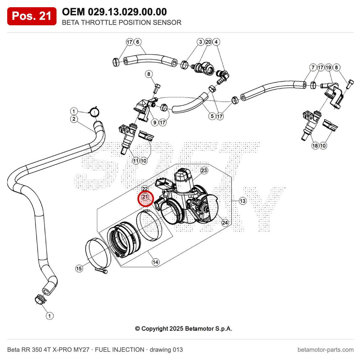 BETA THROTTLE POSITION SENSOR – OEM 029.13.029.00.00, position 21 on the Beta RR 350 4T X-PRO MY27 fuel injection drawing