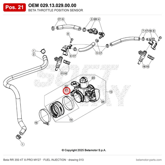 BETA THROTTLE POSITION SENSOR – OEM 029.13.029.00.00, position 21 on the Beta RR 350 4T X-PRO MY27 fuel injection drawing