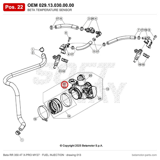 BETA TEMPERATURE SENSOR – OEM 029.13.030.00.00, position 22 on the Beta RR 350 4T X-PRO MY27 fuel injection drawing