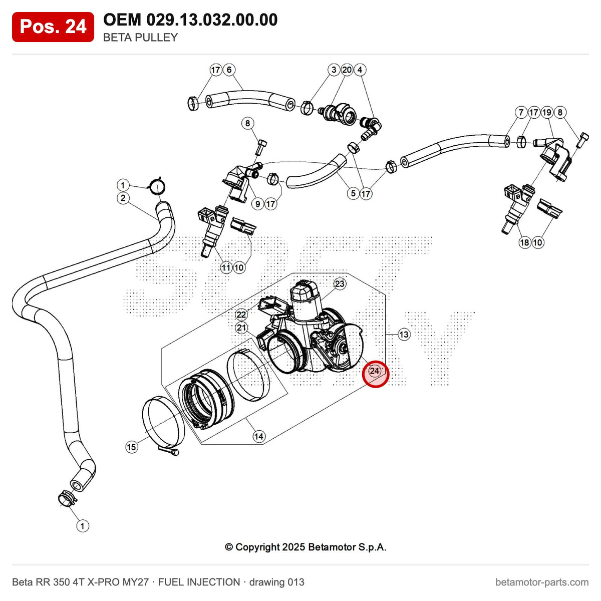 BETA PULLEY – OEM 029.13.032.00.00, position 24 on the Beta RR 350 4T X-PRO MY27 fuel injection drawing