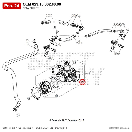 BETA PULLEY – OEM 029.13.032.00.00, position 24 on the Beta RR 350 4T X-PRO MY27 fuel injection drawing