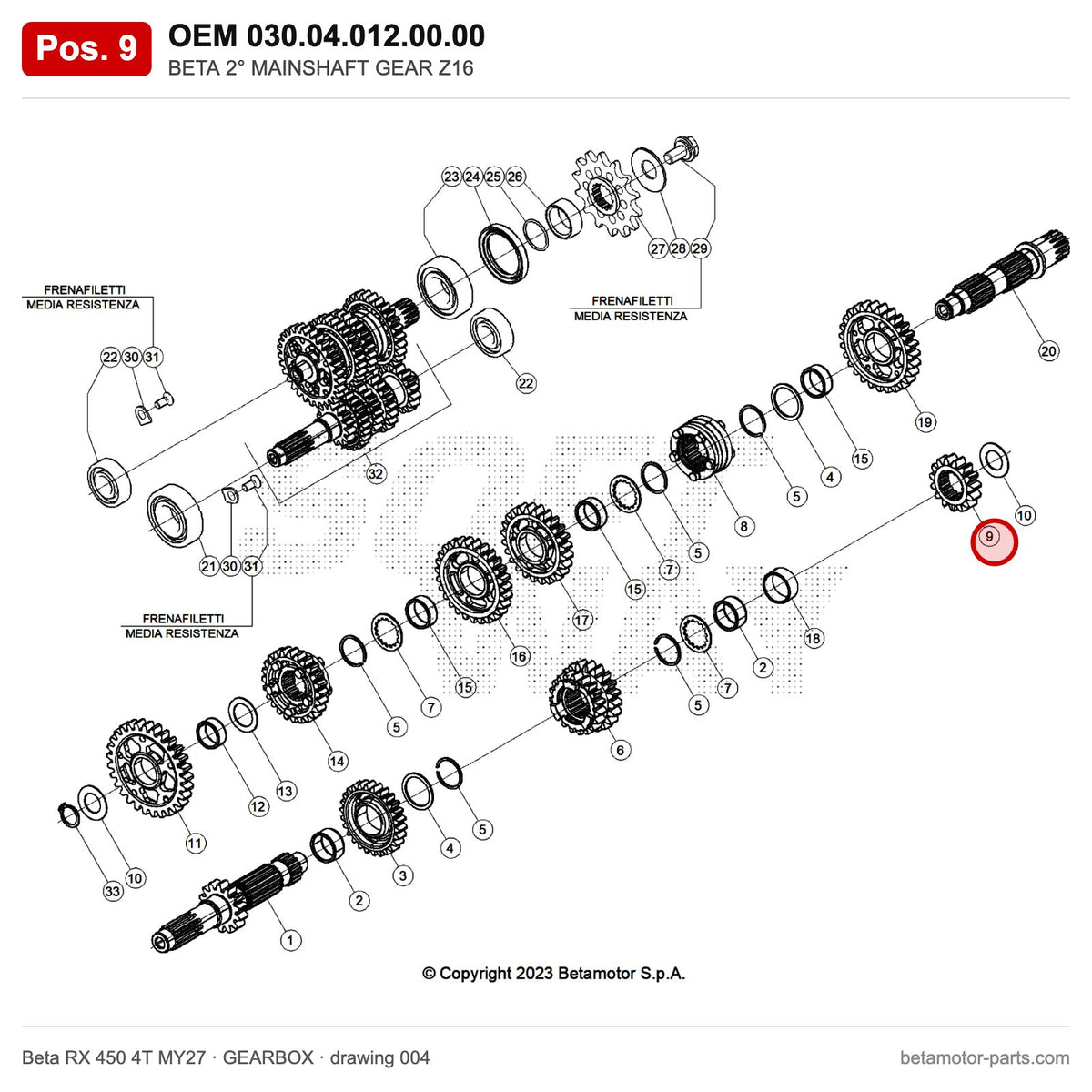 BETA 2° MAINSHAFT GEAR Z16 – OEM 030.04.012.00.00, position 9 on the Beta RX 450 4T MY27 gearbox drawing