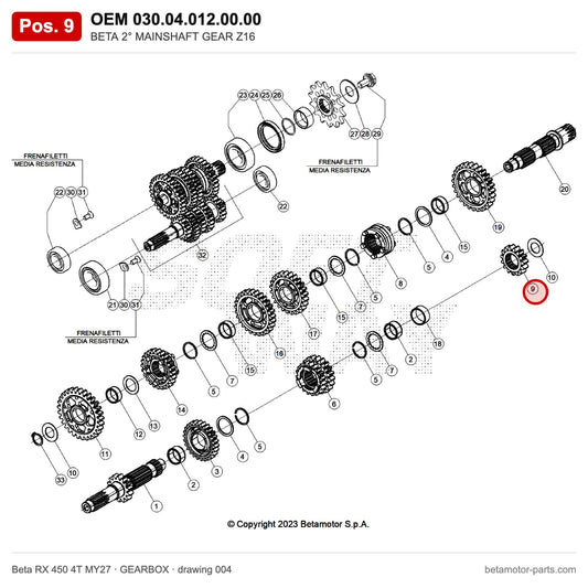 BETA 2° MAINSHAFT GEAR Z16 – OEM 030.04.012.00.00, position 9 on the Beta RX 450 4T MY27 gearbox drawing