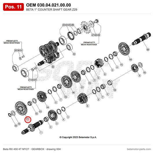 BETA 1° COUNTER SHAFT GEAR Z29 – OEM 030.04.021.00.00, position 11 on the Beta RX 450 4T MY27 gearbox drawing
