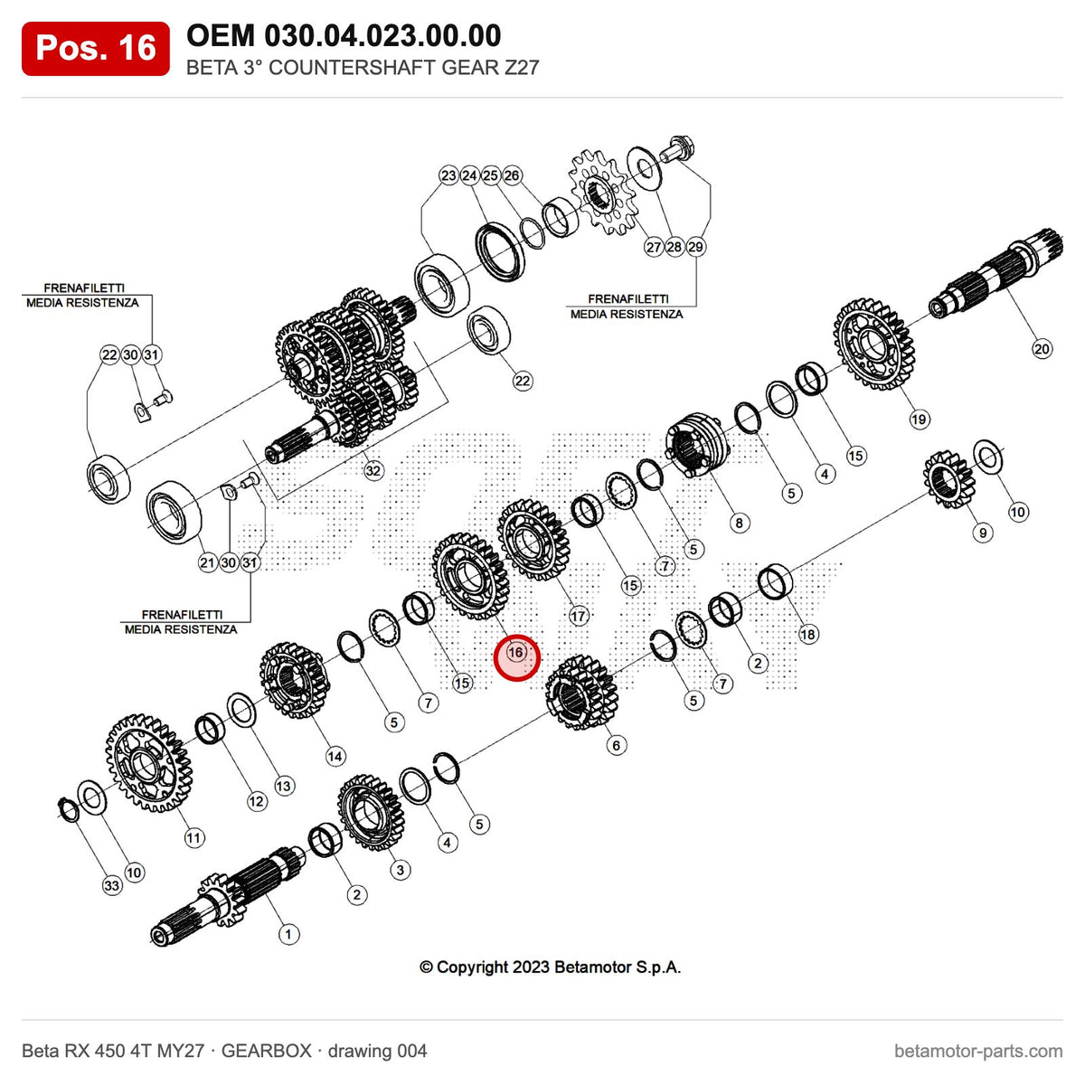 BETA 3° COUNTERSHAFT GEAR Z27 – OEM 030.04.023.00.00, position 16 on the Beta RX 450 4T MY27 gearbox drawing