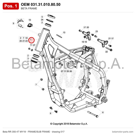 BETA FRAME – OEM 031.31.010.80.50, position 1 on the Beta RR 350 4T MY19 frame/sub frame drawing