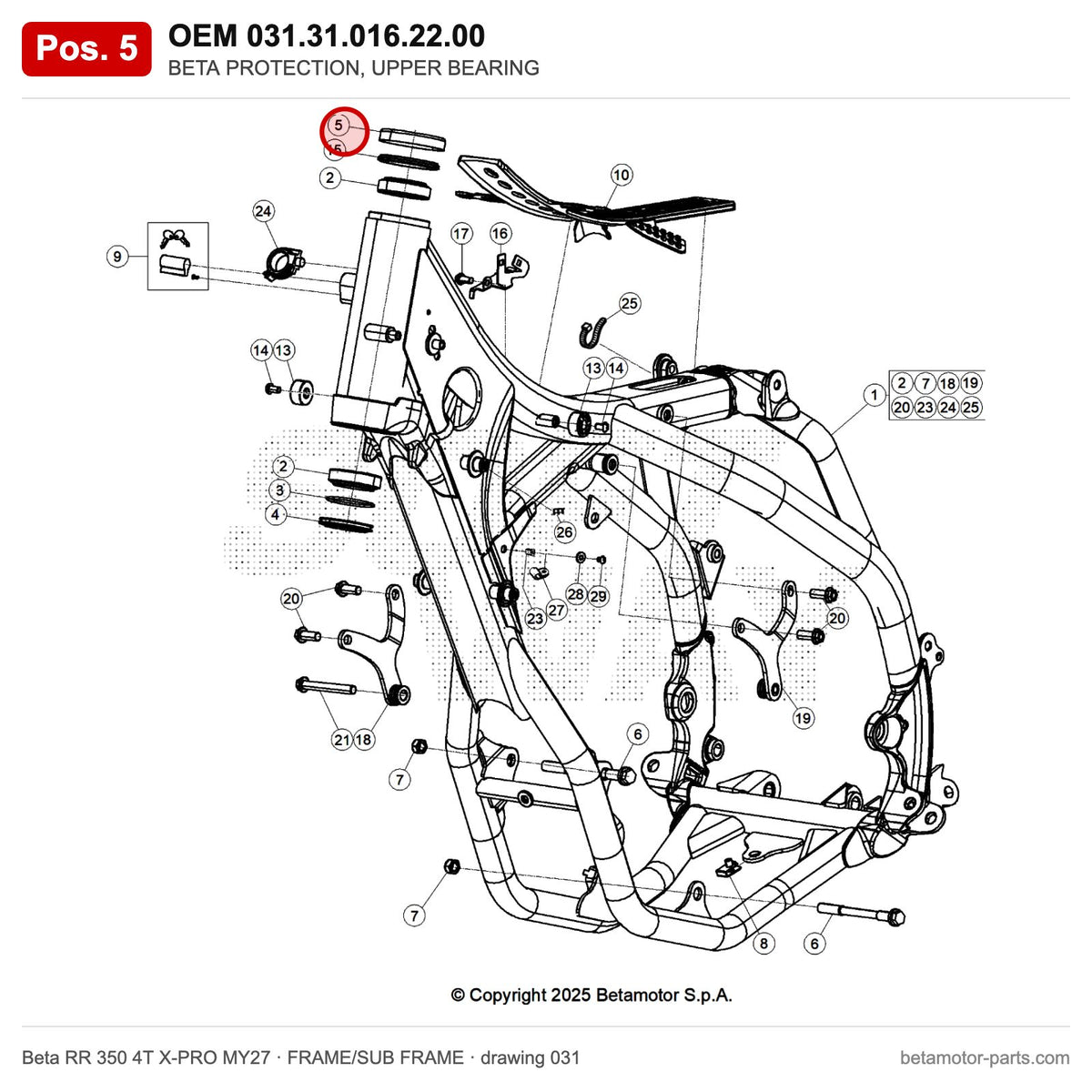 BETA PROTECTION, UPPER BEARING – OEM 031.31.016.22.00, position 5 on the Beta RR 350 4T X-PRO MY27 frame/sub frame drawing