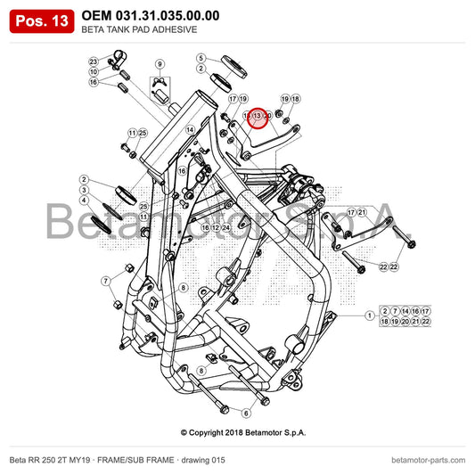 BETA TANK PAD ADHESIVE – OEM 031.31.035.00.00, position 13 on the Beta RR 250 2T MY19 frame/sub frame drawing