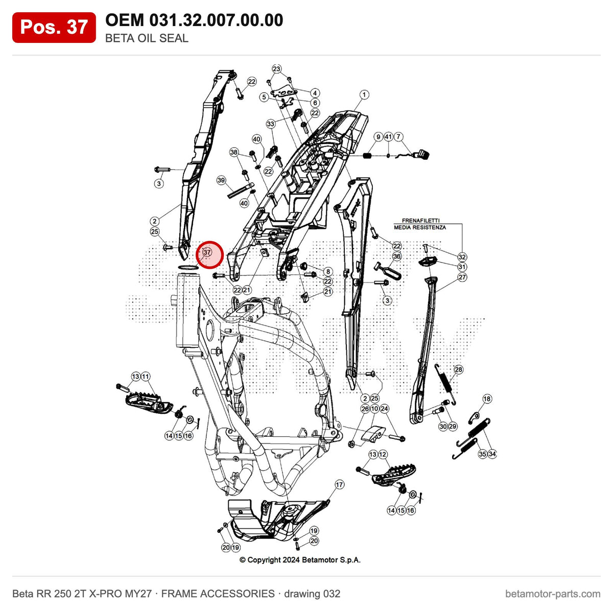 BETA OIL SEAL – OEM 031.32.007.00.00, position 37 on the Beta RR 250 2T X-PRO MY27 frame accessories drawing