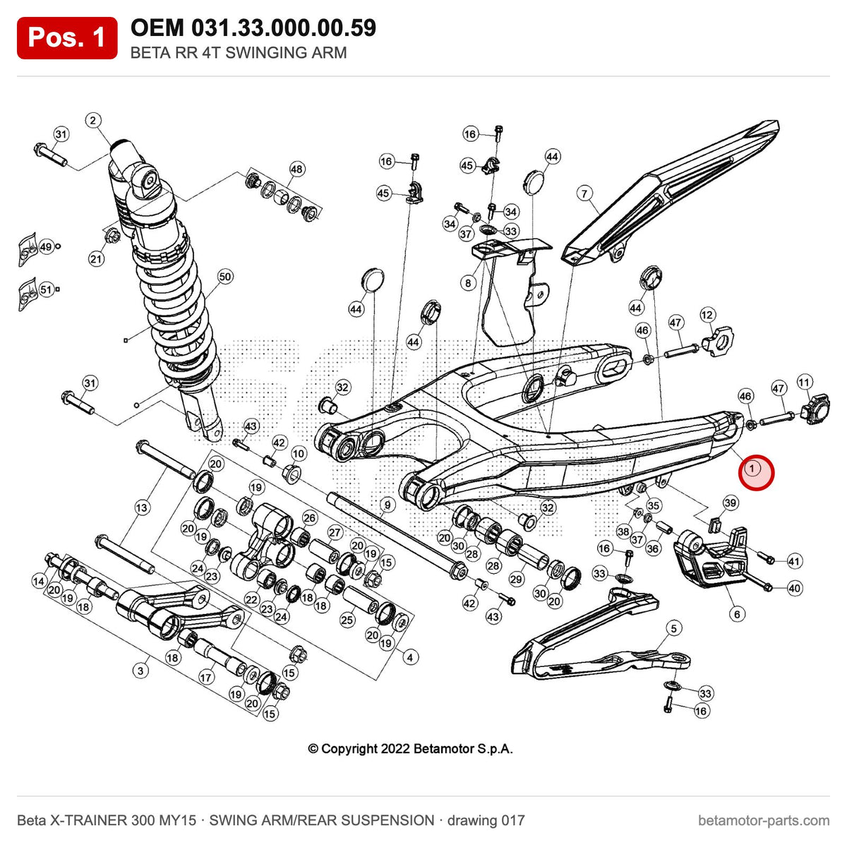 BETA RR 4T SWINGING ARM – OEM 031.33.000.00.59, position 1 on the Beta X-TRAINER 300 MY15 swing arm/rear suspension drawing