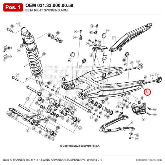 BETA RR 4T SWINGING ARM – OEM 031.33.000.00.59, position 1 on the Beta X-TRAINER 300 MY15 swing arm/rear suspension drawing