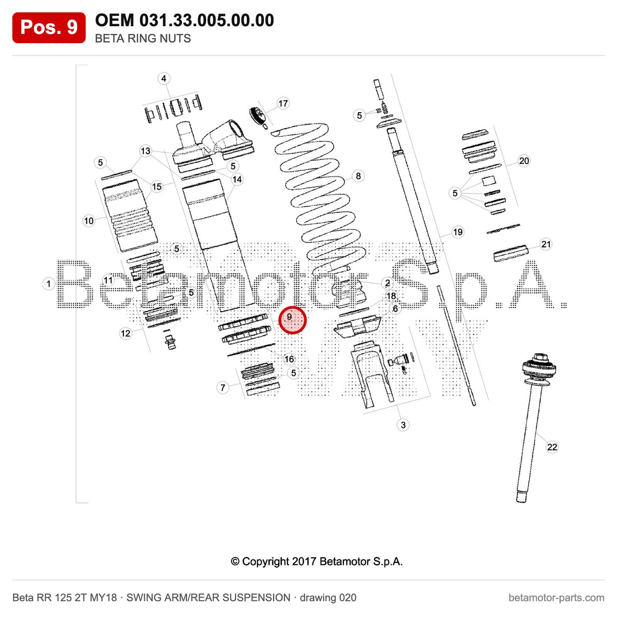BETA RING NUTS – OEM 031.33.005.00.00, position 9 on the Beta RR 125 2T MY18 swing arm/rear suspension drawing