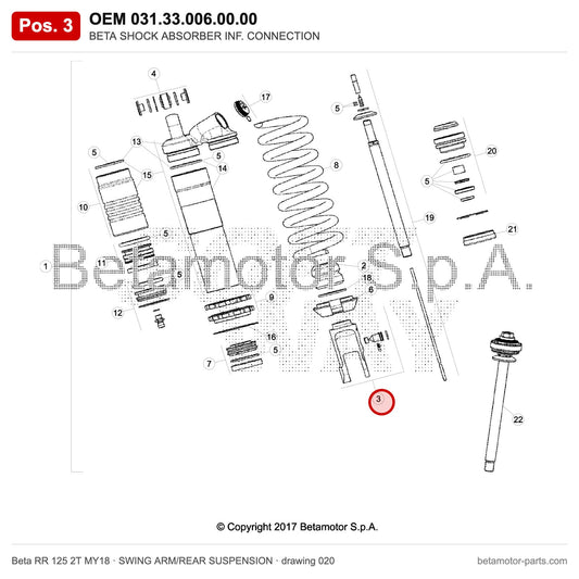 BETA SHOCK ABSORBER INF. CONNECTION – OEM 031.33.006.00.00, position 3 on the Beta RR 125 2T MY18 swing arm/rear suspension drawing