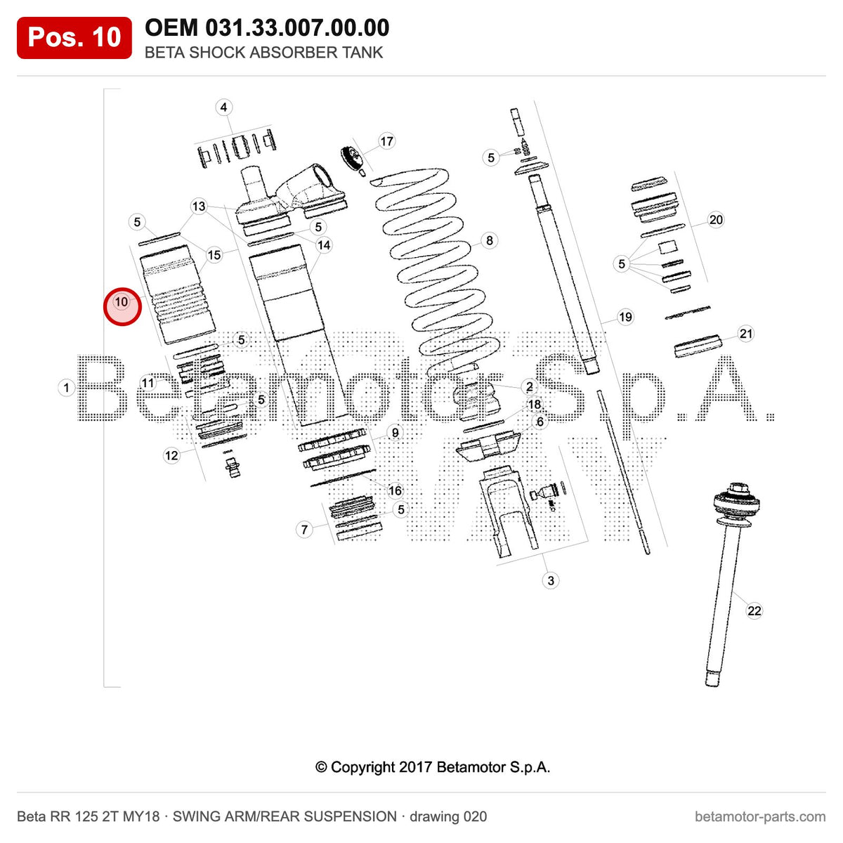 BETA SHOCK ABSORBER TANK – OEM 031.33.007.00.00, position 10 on the Beta RR 125 2T MY18 swing arm/rear suspension drawing