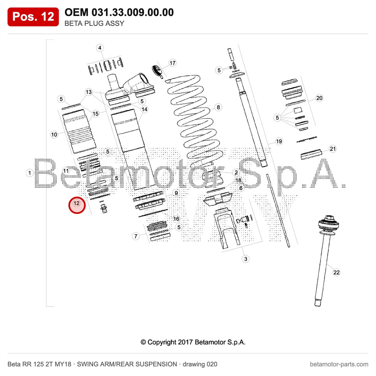 BETA PLUG ASSY – OEM 031.33.009.00.00, position 12 on the Beta RR 125 2T MY18 swing arm/rear suspension drawing