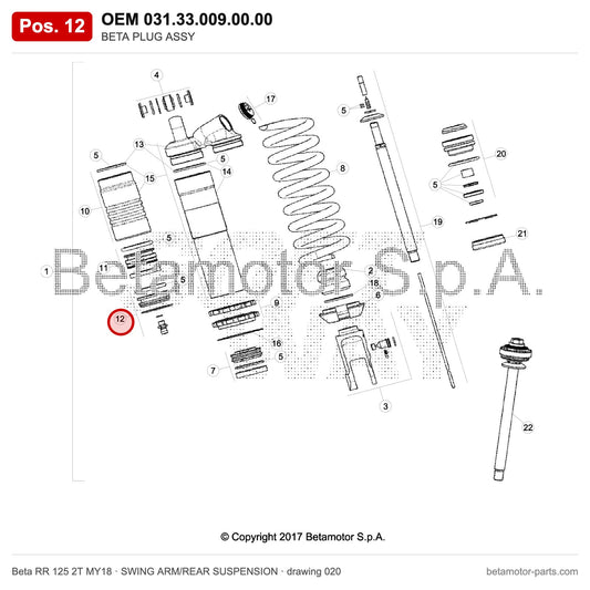 BETA PLUG ASSY – OEM 031.33.009.00.00, position 12 on the Beta RR 125 2T MY18 swing arm/rear suspension drawing