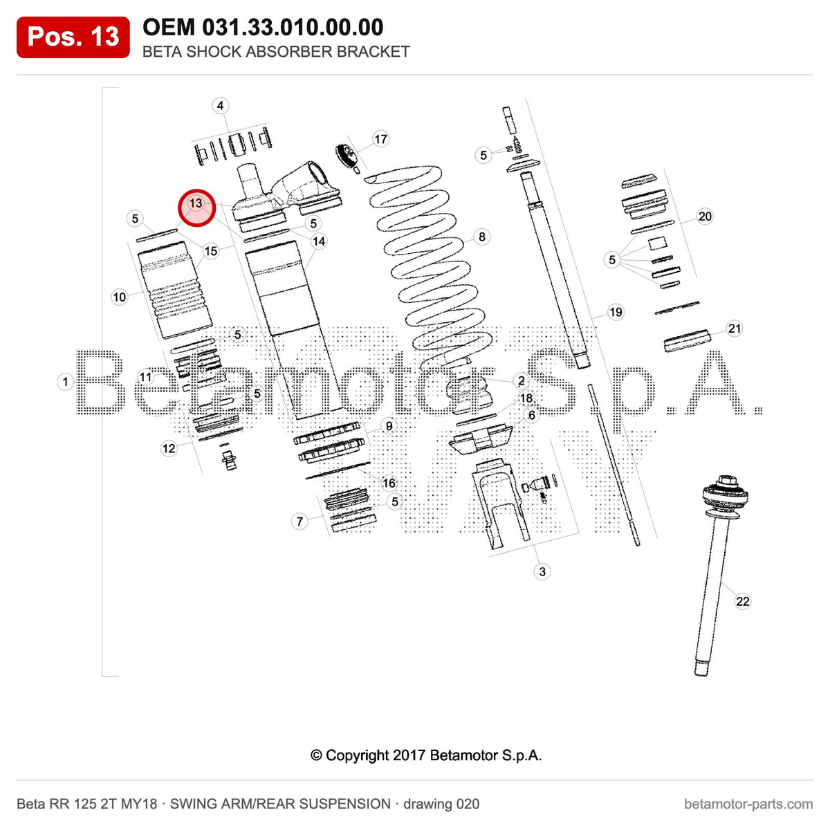 BETA SHOCK ABSORBER BRACKET – OEM 031.33.010.00.00, position 13 on the Beta RR 125 2T MY18 swing arm/rear suspension drawing