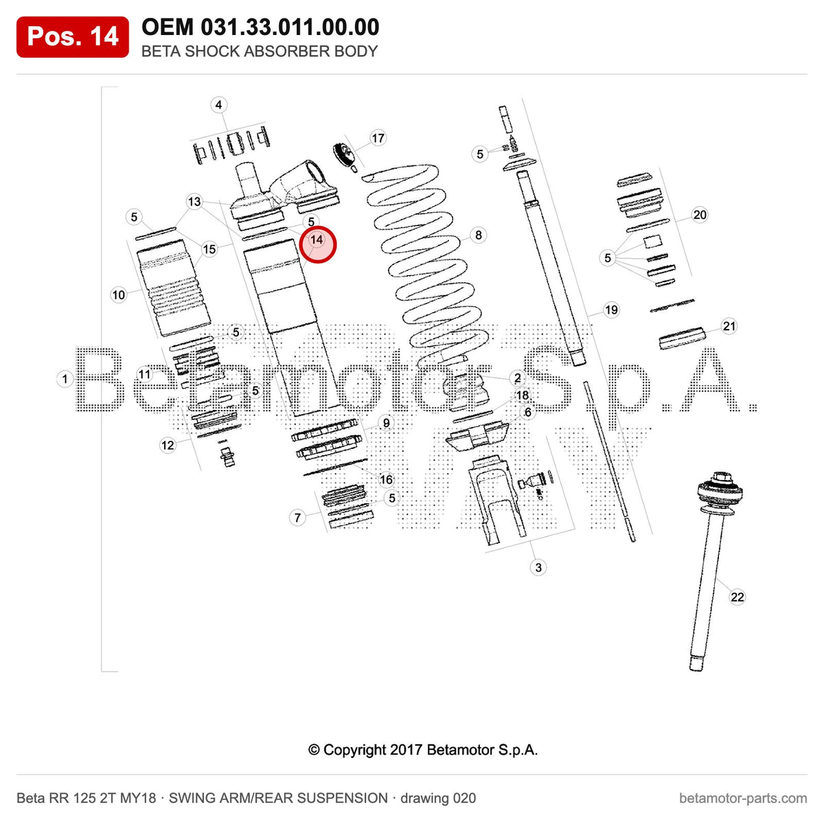 BETA SHOCK ABSORBER BODY – OEM 031.33.011.00.00, position 14 on the Beta RR 125 2T MY18 swing arm/rear suspension drawing