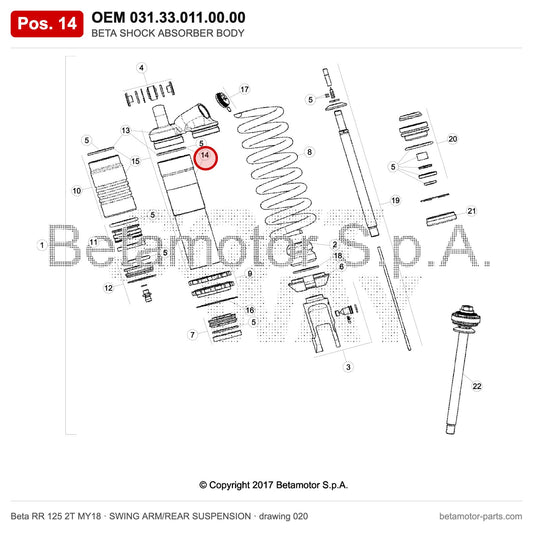 BETA SHOCK ABSORBER BODY – OEM 031.33.011.00.00, position 14 on the Beta RR 125 2T MY18 swing arm/rear suspension drawing